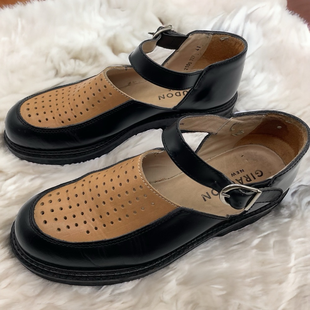 Giraudon Mary Jane shoes perforated leather black tan Portugal loafers womens 10